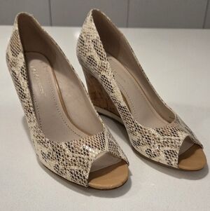 BCBG Cream Snake-Print Peep-Toe Wedges with Tan Cork Heel